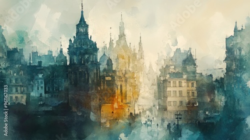 Dreamy Urban Landscape: A Watercolor Depiction of Historic Architecture at Sunset