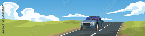 Landscape view of pickup car driving on asphalt road. Can view inside car with driving man. Meadow and hills under blue sky and white clouds. Background for banner.