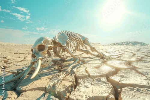 An elephant skeleton decomposing on parched ground