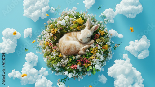 Sleeping rabbit in a bed of flowers floating among clouds in a peaceful fantasy scene photo