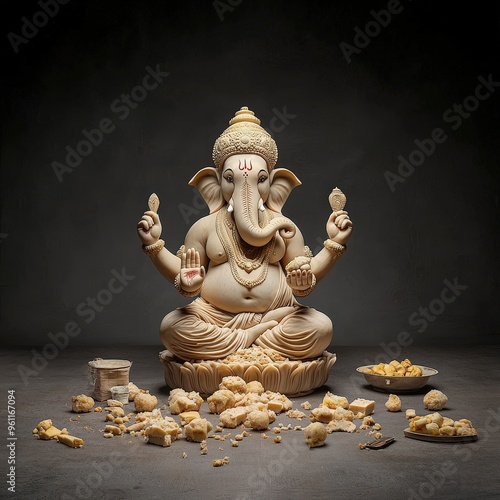 A hand-painted Ganesha idol made from eco-friendly materials for the Ganesh Chaturthi festival celebration and rituals. 