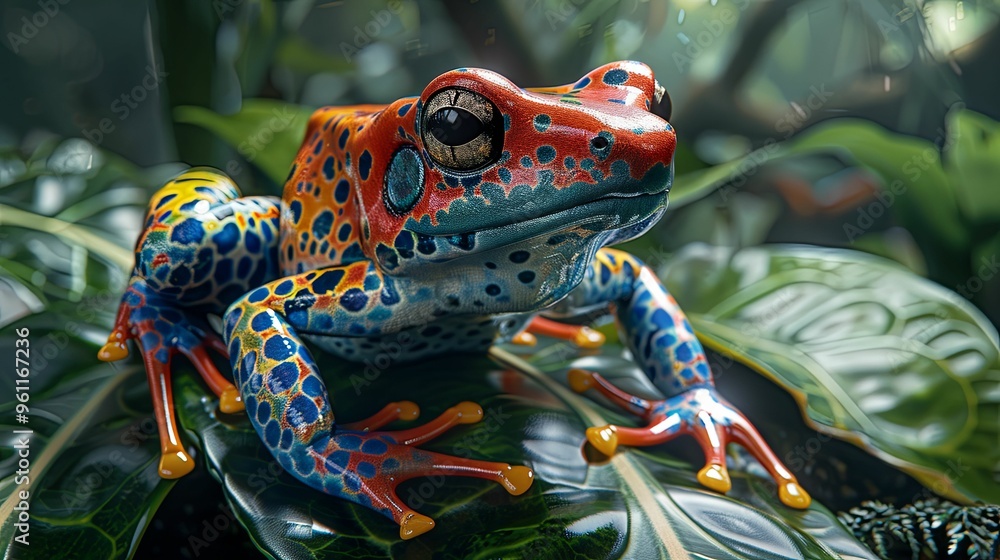 Vibrant Poison Dart Frog Resting on Lush Green Leaf Vibrant Poison Dart Frog Resting on Lush Green Leaf