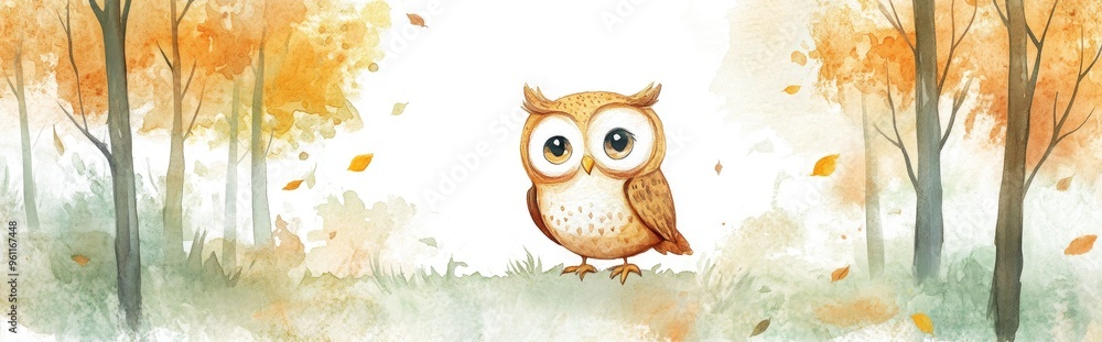 Charming Owl Amidst Vibrant Autumn Foliage in Watercolor Illustration Charming Owl Amidst Vibrant Autumn Foliage in Watercolor Illustration