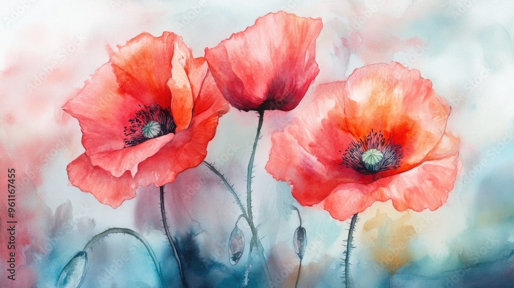 Fototapeta premium Stunning Watercolor Poppy Blooms in Vibrant Color Palette
