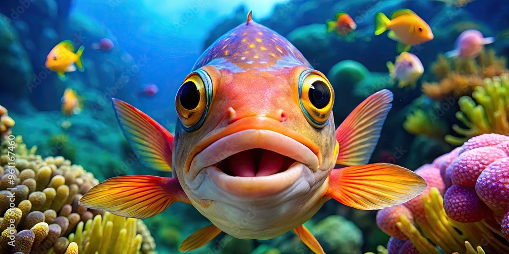 Charming Underwater Scene Featuring A Vibrant, Playful Fish With Expressive Eyes And A Friendly Demeanor, Captured In Its Natural Habitat. Charming Underwater Scene Featuring A Vibrant, Playful Fish With Expressive Eyes And A Friendly Demeanor, Captured In Its Natural Habitat.
