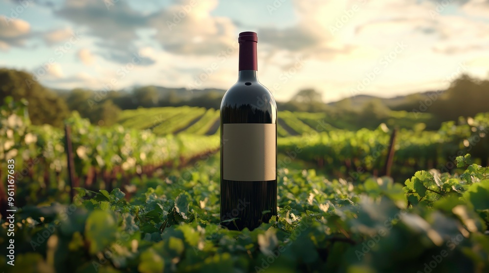 Fototapeta premium Organic wine bottle, with vineyard background, 3D illustration