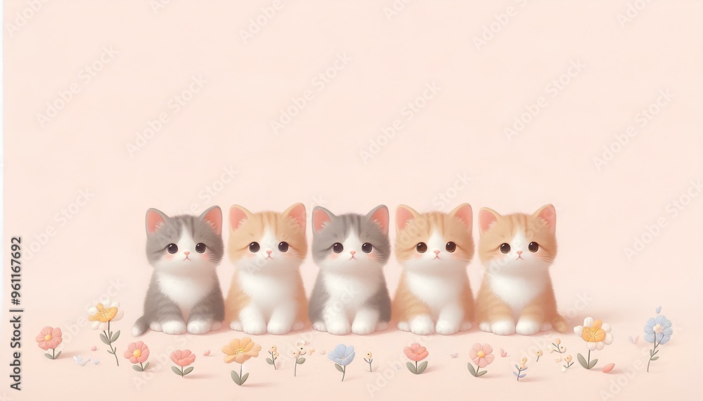 Cats side by side, the background is decorated with small flowers. Cats side by side, the background is decorated with small flowers.