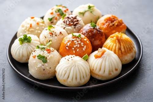 An assortment of bright and colorful modaks arranged on a plate for Ganesh Chaturthi festivities.
 photo