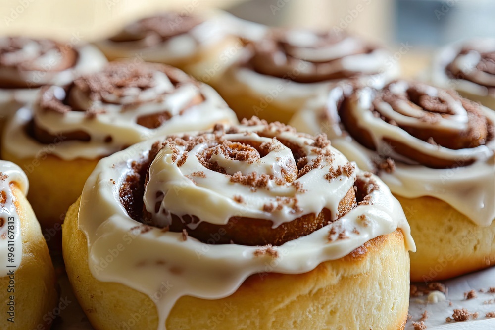 A batch of freshly baked cinnamon rolls topped with cream cheese frosting, still warm from the oven A batch of freshly baked cinnamon rolls topped with cream cheese frosting, still warm from the oven