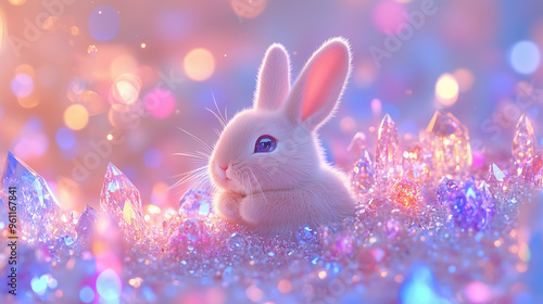 Cute baby bunny surrounded by glowing crystals in a pastel dreamlike setting photo