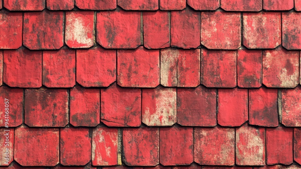 Fototapeta premium A detailed closeup view of a weathered clay old red tile roof showcasing richly textured surfaces