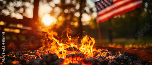 Barbecue pit with glowing coals, US flag waving on a nearby porch, surrounded by trees, barbecue pit, porch flag, Labor Day cookout