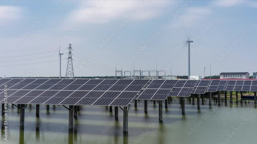 solar power station and wind turbines over sea solar power station and wind turbines over sea