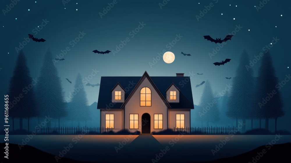 Spooky house with glowing windows and flying bats under a full moon at night Spooky house with glowing windows and flying bats under a full moon at night