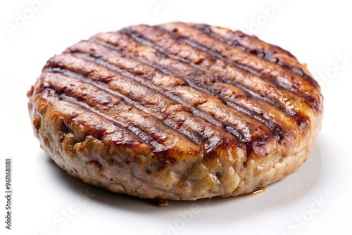 Single grilled hamburger patty isolated on white Asymmetrical, isolated, barbecue party, meal, fast food, appetizing, juicy, barbecue, asymmetrical, outdoor dining, lunch