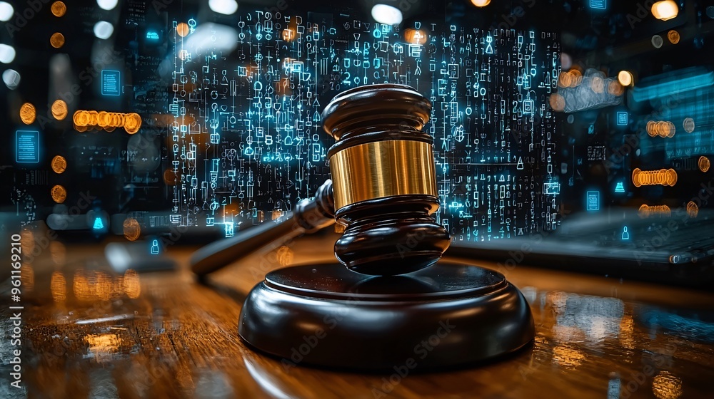 A judge's gavel rests on a desk surrounded by digital legal icons, ideal for law firm marketing and technology-related legal services, with copy space. A judge's gavel rests on a desk surrounded by digital legal icons, ideal for law firm marketing and technology-related legal services, with copy space.