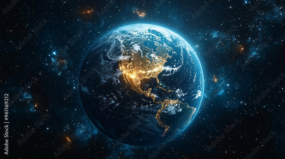 Naklejka premium A stunning depiction of Earth surrounded by a network grid, symbolizing advanced space technology, ideal for business presentations on global connectivity and internet coverage.