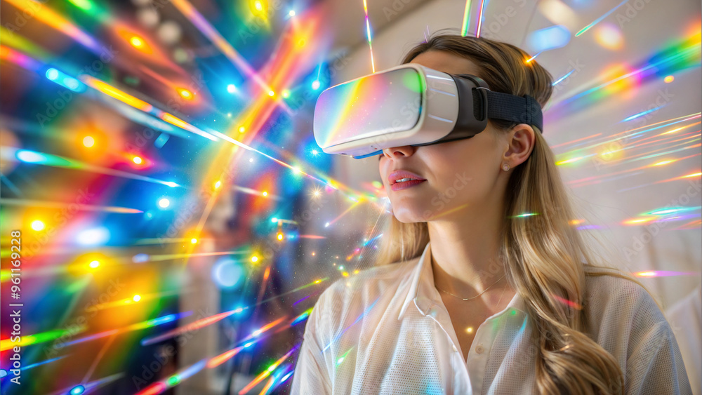 Young woman using virtual reality headset and having fun with colorful rainbow lights. Young woman using virtual reality headset and having fun with colorful rainbow lights.