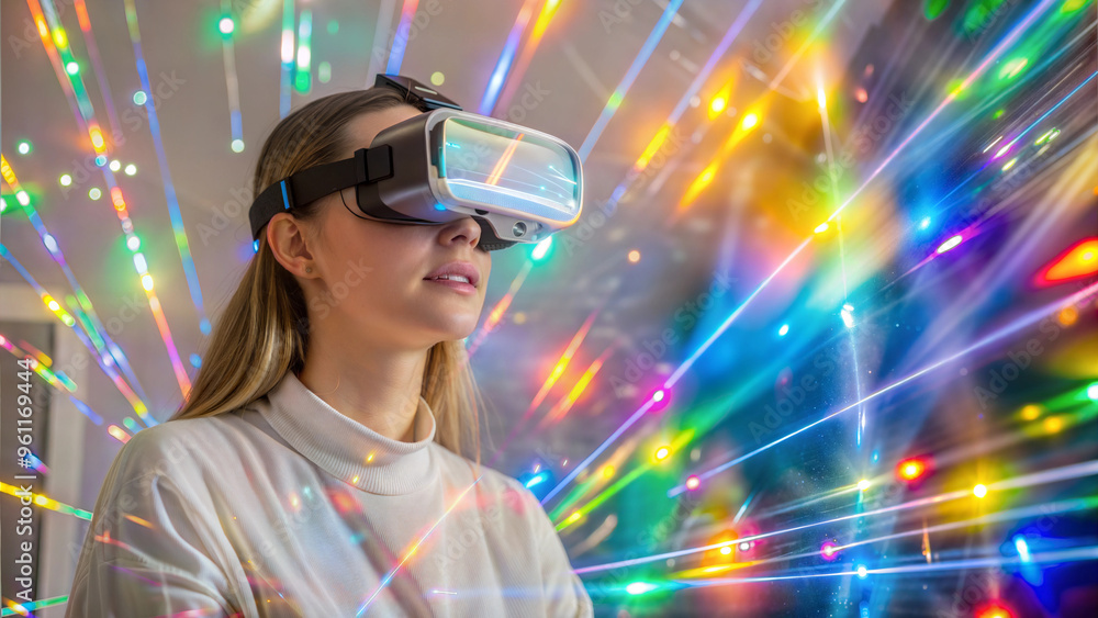 Woman using virtual reality headset in front of colorful bokeh lights Woman using virtual reality headset in front of colorful bokeh lights