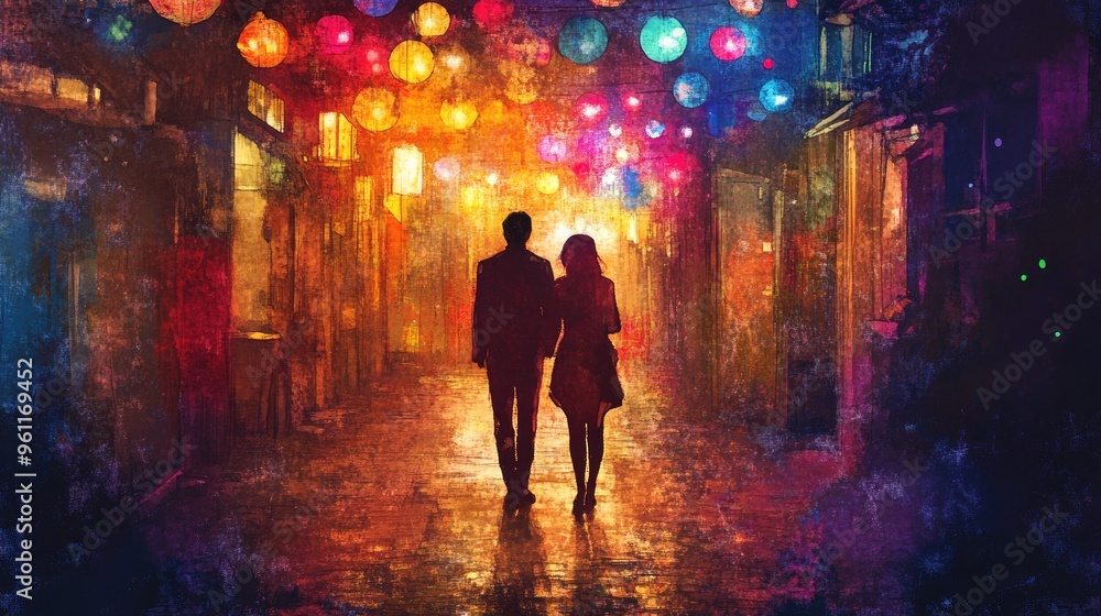 A Romantic Evening Stroll Under Vibrant Lanterns in an Artistic Urban Environment A Romantic Evening Stroll Under Vibrant Lanterns in an Artistic Urban Environment