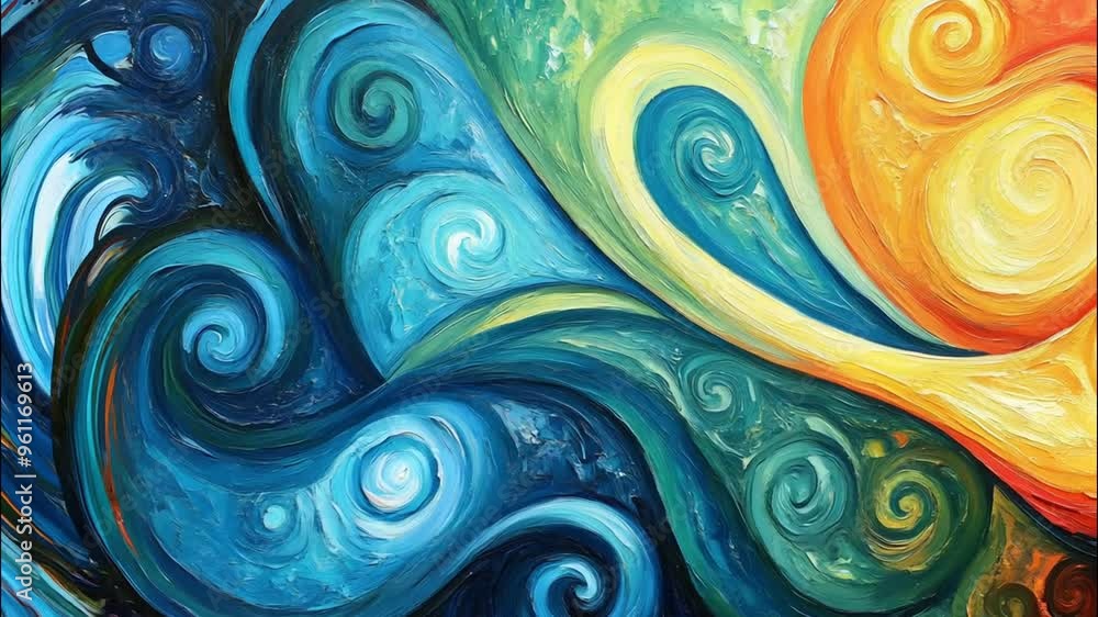 Abstract Painting Depicting Intertwined Swirling Colors of Blue, Yellow, and Red Abstract Painting Depicting Intertwined Swirling Colors of Blue, Yellow, and Red