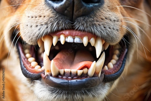 Close-Up Of A Dog'S Mouth, Highlighting The Sharp Canine Tooth Used For Gripping And Tearing Prey. photo