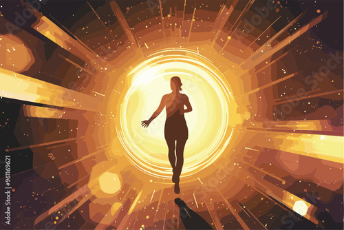 Motivated businesswoman running through glowing portal towards success, ambition and freedom