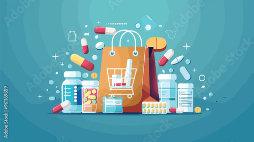 Online Drugstore Concept with a Giant Shopping Bag Full of Various Medicines