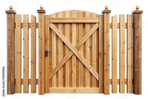 Wooden fence gate with a classic design standing tall and sturdy isolated on a white background, white background, security, isolated, picket fence, closing, gate, property