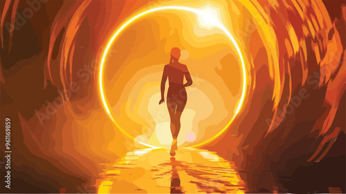 Motivated businesswoman running through glowing portal towards success, ambition and freedom