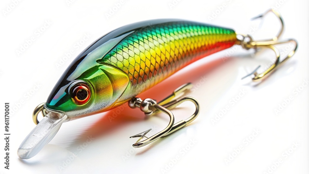 Fishing lure isolated on white a wobbler in three colors captured from a tilted angle, fishing adventure, tilted angle, angling gear, fishing tackle box, fishing expedition, fish bait Fishing lure isolated on white a wobbler in three colors captured from a tilted angle, fishing adventure, tilted angle, angling gear, fishing tackle box, fishing expedition, fish bait