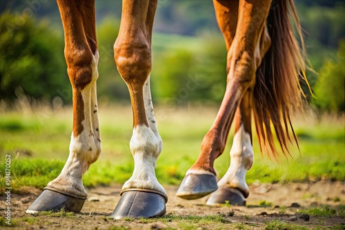 Close-up of a horse's lower leg, showcasing the anatomy of the hooves, including the hoof wall, sole, frog, and pastern, in high detail. photo