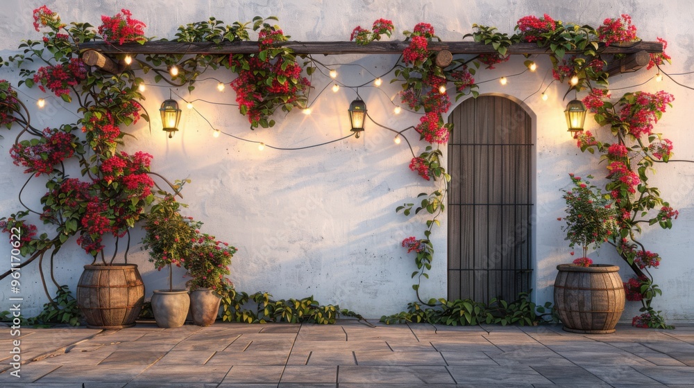 Fototapeta premium Glossy white wall, outdoor setting, hanging lights and red-green balls, warm natural light, rustic warmth.
