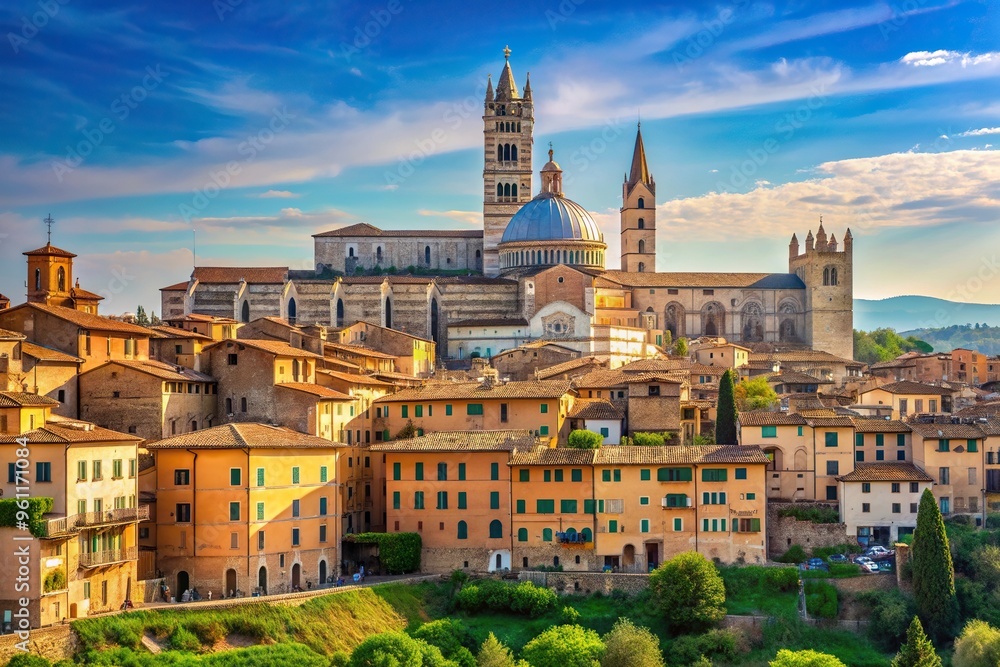 Fototapeta premium panorama, hilltop, Italiatown, historic center, famous place, traditional, skyline, European, architecture, Panorama of Siena with the cathedral on the background at a tilted angle