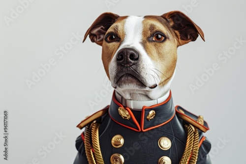 A dog wearing a military uniform