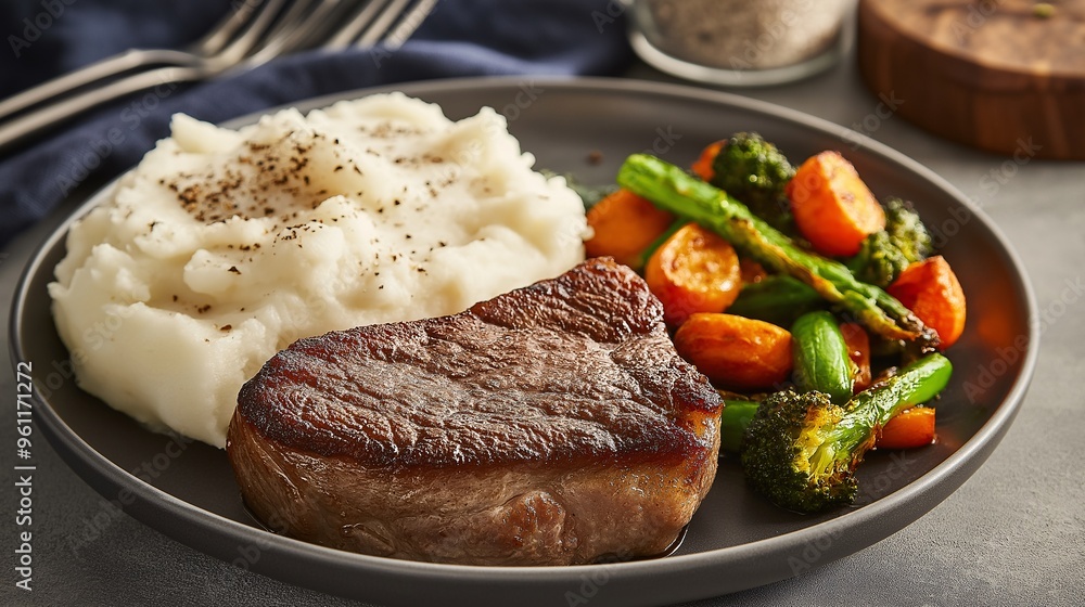 Seared Steak and Creamy Comfort: A perfectly cooked steak rests beside fluffy mashed potatoes and vibrant roasted vegetables, a symphony of flavors on a modern plate. Seared Steak and Creamy Comfort: A perfectly cooked steak rests beside fluffy mashed potatoes and vibrant roasted vegetables, a symphony of flavors on a modern plate.