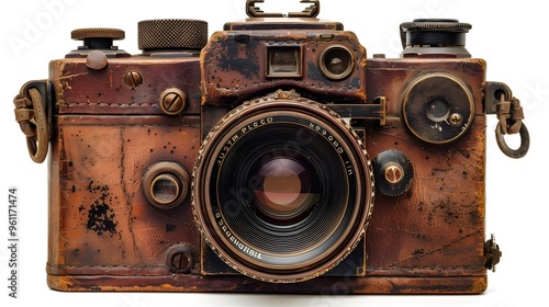 Vintage Leather Covered Rangefinder Camera with Lens - Isolated on White Background.