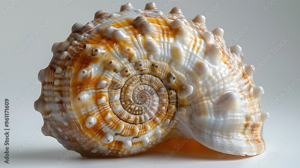 Closeup of a Brown and White Seashell with a Spiral Pattern on a White Background - Stock Photo