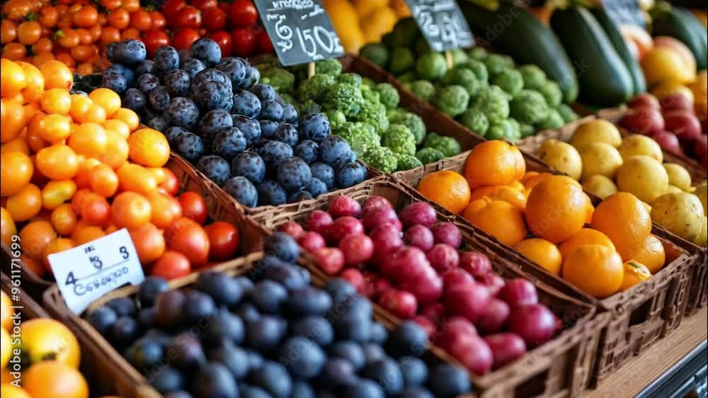 Colorful Produce Displayed on Wooden Shelf in a Market Colorful Produce Displayed on Wooden Shelf in a Market