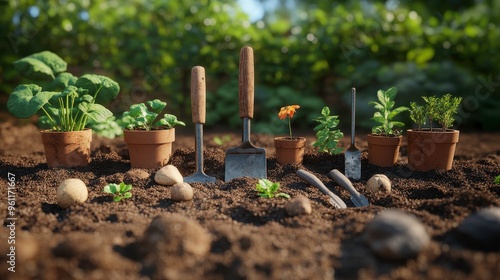 Organic gardening tools, set on soil background, 3D illustration