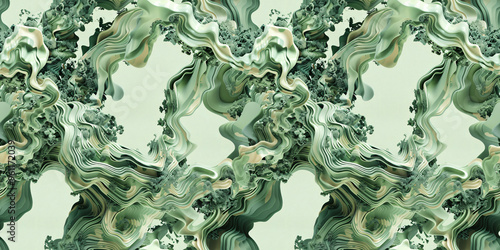 Green swirls and waves create a seamless pattern on a digitally abstract background.