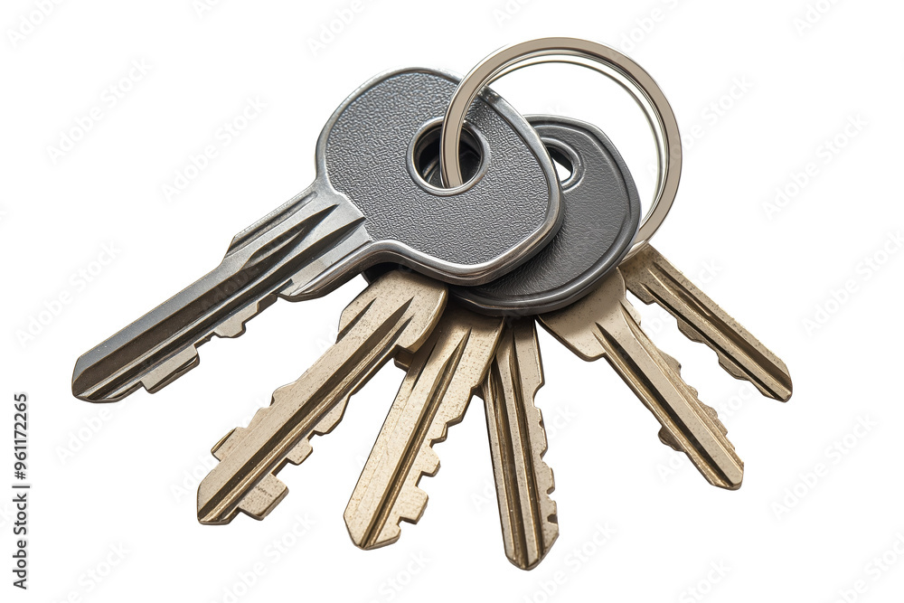 Gray House Keys with Keychain, Detailed View. Closeup keychains with alpha channel. Transparent. Cut-Out. Gray House Keys with Keychain, Detailed View. Closeup keychains with alpha channel. Transparent. Cut-Out.