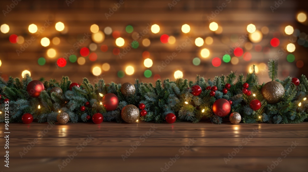 Light walnut wood wall background, hyper-real texture, red and green lights with shining balls. Light walnut wood wall background, hyper-real texture, red and green lights with shining balls.