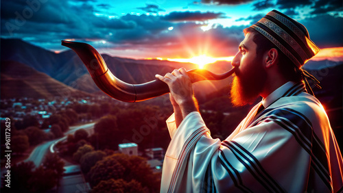Portrait of an adult orthodox Jewish man blow Shofar outdoors isolated on sunset background, on the Jewish High Holidays in Rosh Hashanah and Yom Kippur