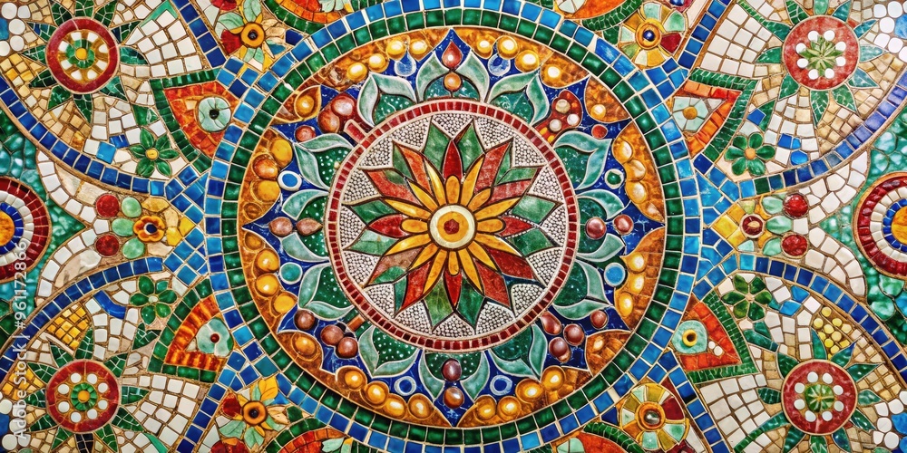 Close-Up Photograph Of A Mosaic Tile Pattern Featuring Vibrant Colors And Intricate Designs Against A Textured Background. Close-Up Photograph Of A Mosaic Tile Pattern Featuring Vibrant Colors And Intricate Designs Against A Textured Background.