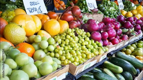 A Colorful Array of Fruits and Vegetables in a Market Stall