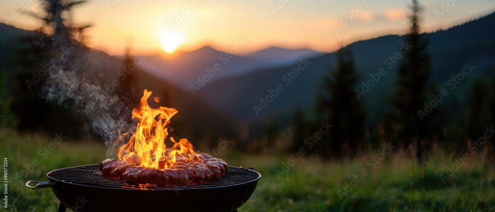 Fire pit grill in a natural park with meats cooking, smoke rising against a mountain view, fire pit grill, natural park, Labor Day camping barbecue Fire pit grill in a natural park with meats cooking, smoke rising against a mountain view, fire pit grill, natural park, Labor Day camping barbecue