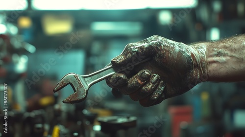 Mechanic’s Hand Holding a Wrench: A mechanic's grease-stained hand holding a wrench, with car parts and a workshop setting blurred in the background.
 photo