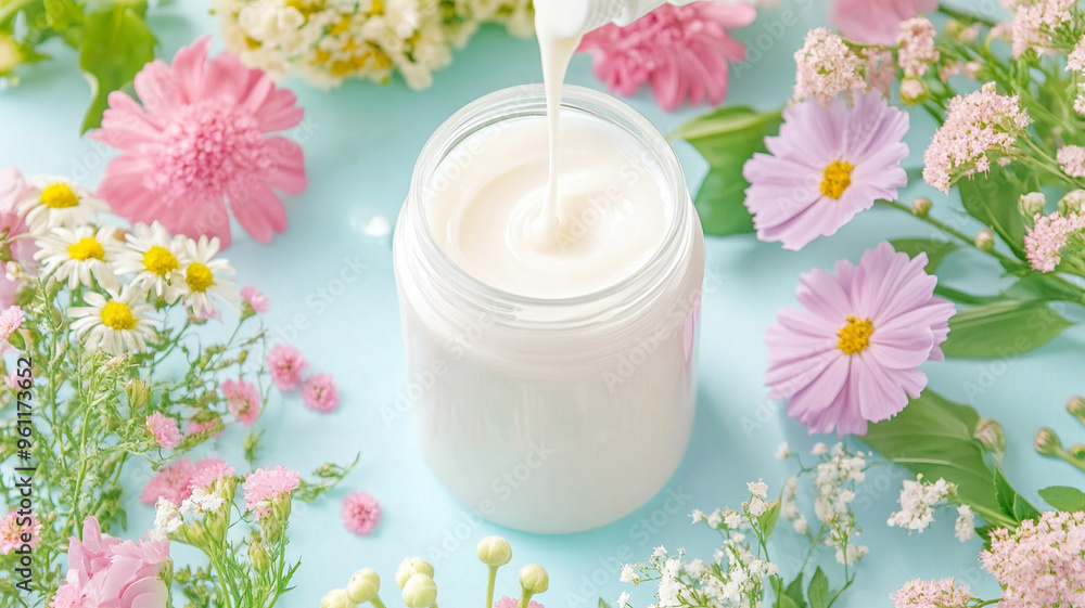 Gentle wave of baby lotion pouring into delicate glass jar surrounded by colorful flowers creates serene and calming atmosphere. Gentle wave of baby lotion pouring into delicate glass jar surrounded by colorful flowers creates serene and calming atmosphere.