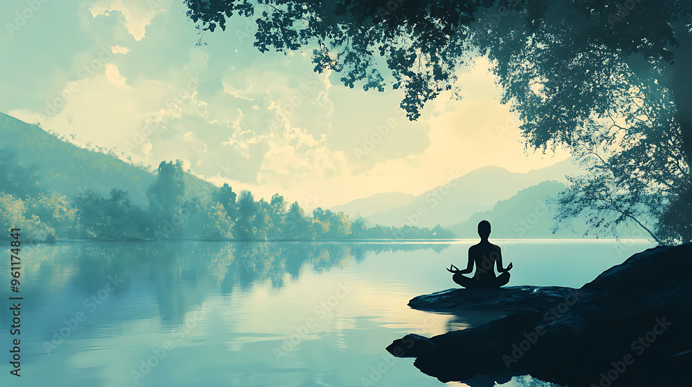 A serene lakeside view with a person’s silhouette meditating, emphasizing inner peace and self-discipline. A serene lakeside view with a person’s silhouette meditating, emphasizing inner peace and self-discipline.